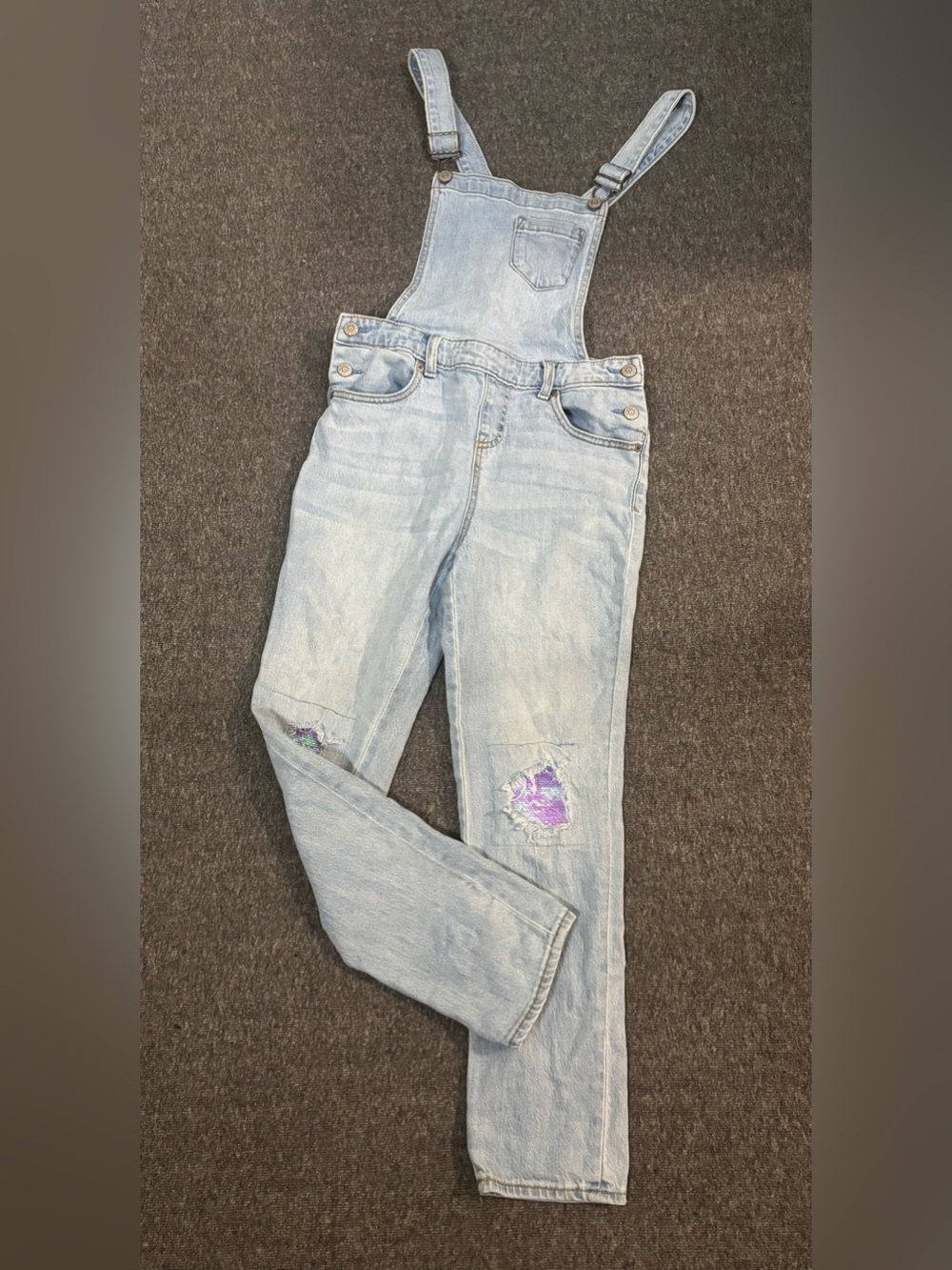 Cat & Jack | Light Wash Denim Overalls with Purple Knee Patches | Girls Large